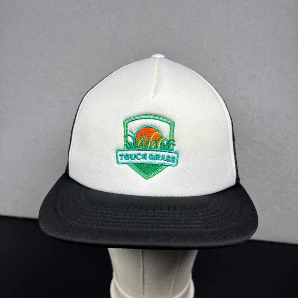 Touch Grass Embroidered Graphic Trucker Hat District Snapback Black White Cap